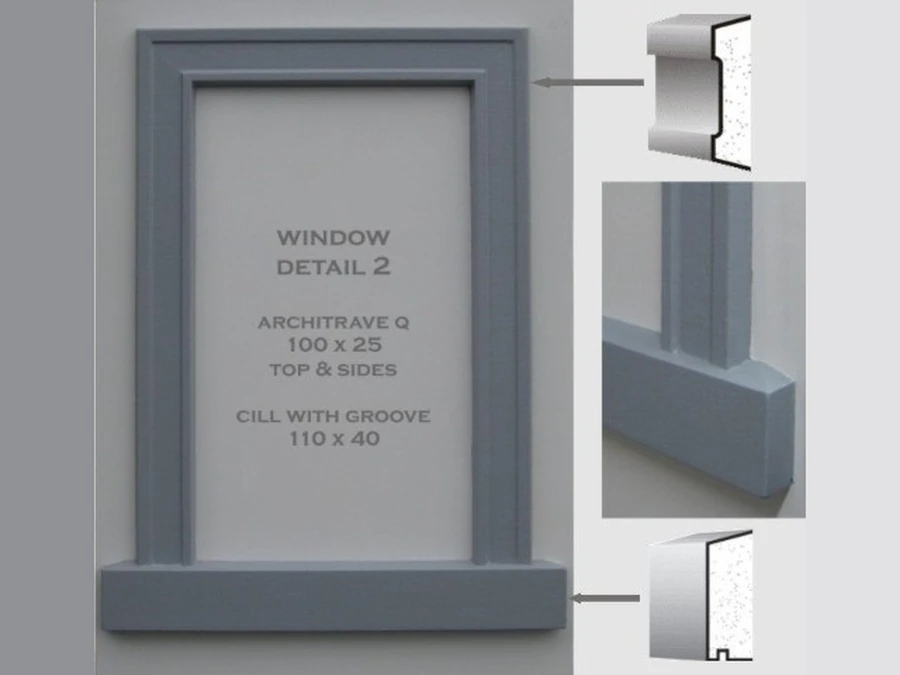 Stock mouldings — Window Detail 2: Architrave Q 100×25 top & sides, cill with groove 110×40