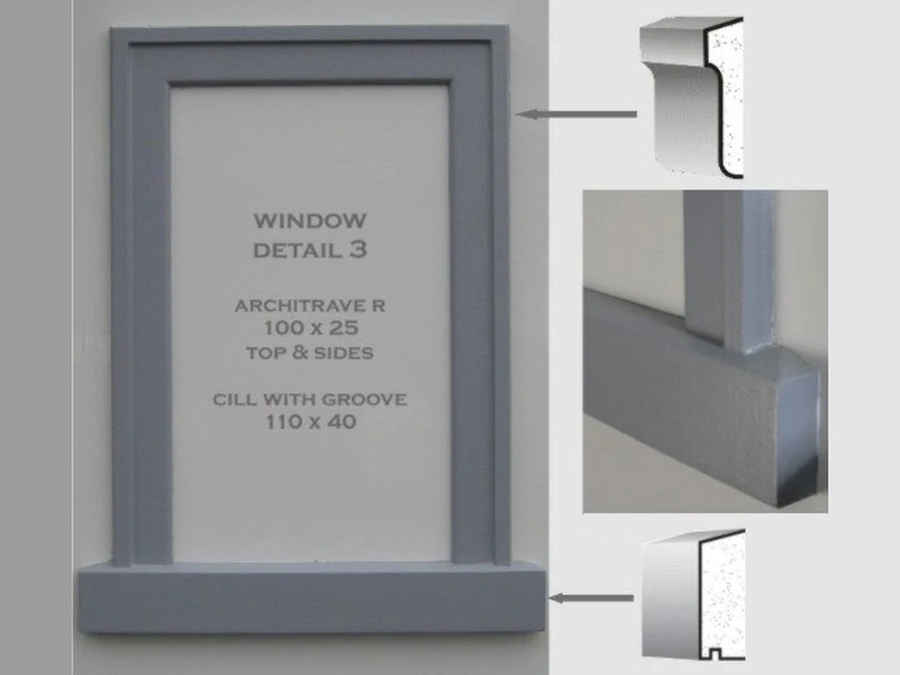 Stock mouldings — Window Detail 3: Architrave R 100×25 top & sides, cill with groove 110×40