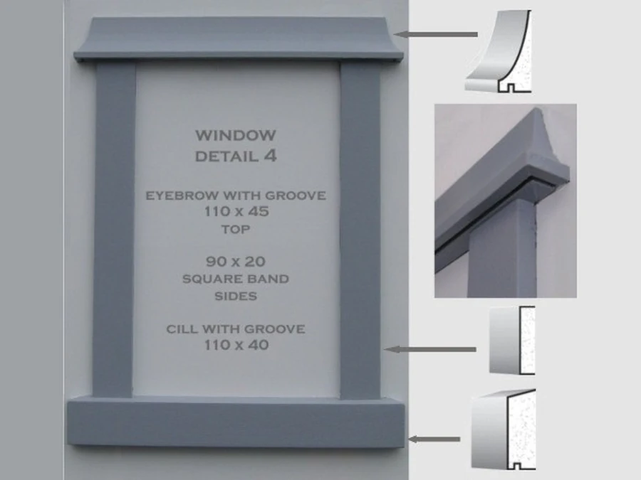 Stock mouldings — Window Detail 4: Eyebrow with groove 110×45 top, 90×20 square band sides, cill with groove 110×40