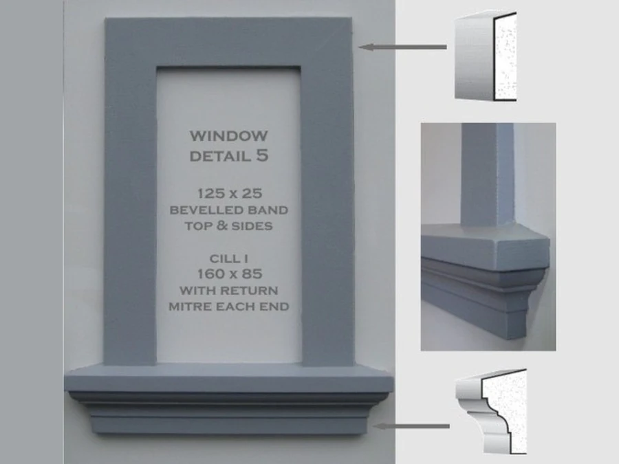 Stock mouldings — Window Detail 5: 125×25 bevelled band top & sides, Cill I 160×85 with return mitres