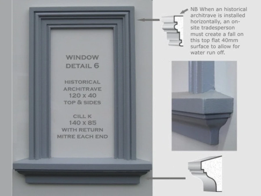 Stock mouldings — Window Detail 6: Historical architrave 120×40 top & sides, Cill K 140×85 with return mitres