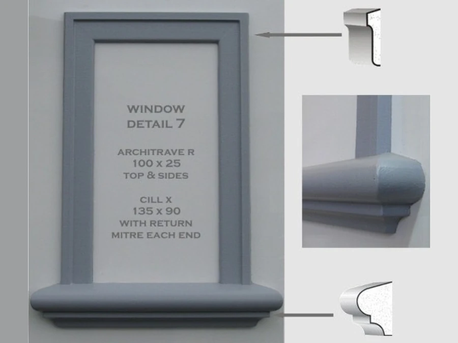 Stock mouldings — Window Detail 7: Architrave R 100×25 top & sides, Cill X 135×90 with return mitres
